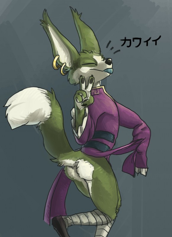 anthro butt clothed clothing fur gesture hand_gesture male muscular muscular_anthro muscular_male nude presenting simple_background smile solo text tongue tongue_out v_sign mej dragon_ball dragon_ball_super majora_(dragon_ball) canid canine canis fennec_fox fox mammal true_fox wolf 2017 digital_media_(artwork) hi_res japanese_text translated