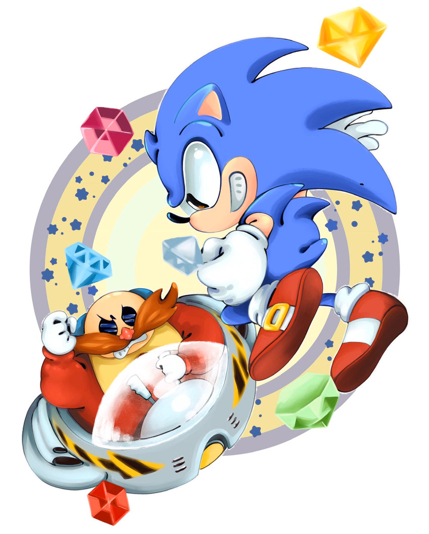 angry anthro black_eyes blue_body blue_fur chaos_emerald clothing duo egg_mobile facial_hair fist footwear fur gem gloves grin handwear looking_at_another male mustache shoes simple_background smile vehicle white_background mennnntaiko classic_sonic_(universe) sega sonic_the_hedgehog_(series) classic_eggman classic_sonic dr._eggman sonic_the_hedgehog eulipotyphlan hedgehog human mammal 2019 hi_res