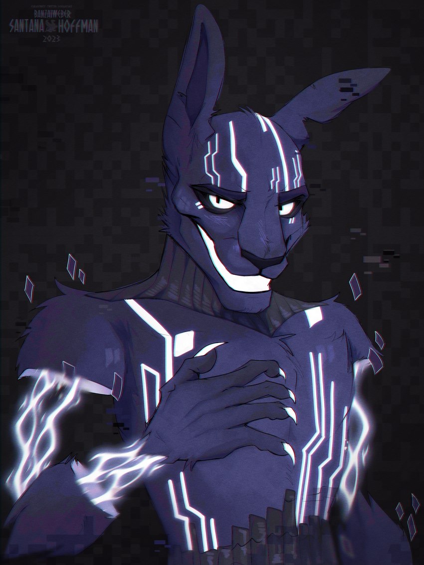 anthro black_eyes black_nose claws electricity fingers fur glitch glowing glowing_body glowing_claws glowing_eyes glowing_teeth grey_background grey_body half-closed_eyes hand_on_chest happy long_ears looking_at_viewer male multicolored_body narrowed_eyes nude pecs pixelated_background pose pupils purple_body purple_ears purple_fur raised_arm shadow simple_background small_pupils smile smiling_at_viewer solo teeth santanahoffman five_nights_at_freddy's five_nights_at_freddy's:_security_breach five_nights_at_freddy's:_security_breach_ruin scottgames steel_wool_studios mxes_(fnaf) lagomorph leporid mammal rabbit 2023 absurd_res detailed digital_media_(artwork) hi_res portrait signature