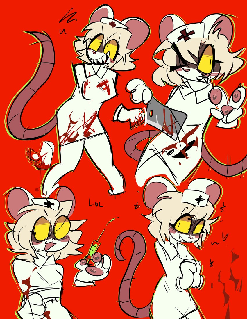 anthro black_eyes blonde_hair blood blush bodily_fluids breasts claws clothing cutlery female fur hair hat headgear headwear kitchen_knife kitchen_utensils knife medical_instrument nails nurse nurse_clothing nurse_headwear pawpads paws scalpel scientific_instrument smile solo surgical_instrument syringe tail tools white_body white_fur yellow_eyes xv01d terrible_mouse lorna_(terrible_mouse) house_mouse mammal mouse murid murine rodent absurd_res hi_res
