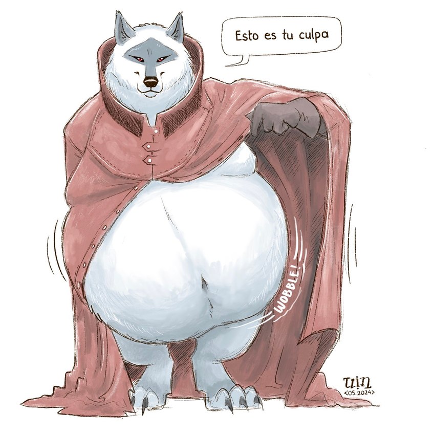 anthro belly big_belly claws cloak clothing dialogue digitigrade feet front_view fur gloves handwear looking_at_viewer male morbidly_obese morbidly_obese_anthro morbidly_obese_male mostly_nude motion_lines mouth_closed navel obese obese_anthro obese_male overweight overweight_anthro overweight_male red_cloak red_clothing red_eyes solo sound_effects speech_bubble standing talking_to_viewer text tiptoes toe_claws wobbling dragontzin dreamworks puss_in_boots_(franchise) death_(puss_in_boots) canid canine canis mammal wolf 1:1 2024 hi_res signature spanish_text translated