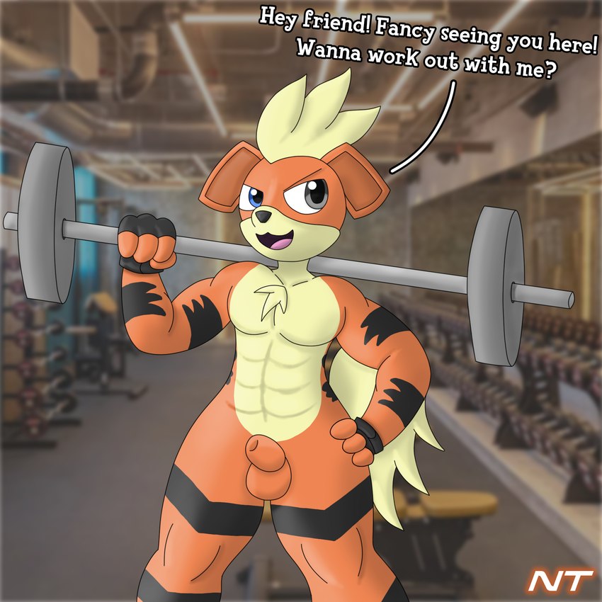 abs animal_genitalia animal_penis anthro barbell belly canine_genitalia canine_penis chest_tuft clothing dialogue exercise fingerless_gloves fluffy fluffy_tail fur genitals gloves gloves_only gym hair hand_on_hip handwear handwear_only head_tuft heterochromia holding_barbell holding_object inside lifting looking_at_viewer male mostly_nude muscular nude nude_male open_mouth orange_body orange_fur penis pokemorph sheath smile solo standing striped_body stripes tail talking_to_viewer tan_belly tongue tuft weightlifting weights workout ninjatreecko nintendo pokemon blaze_ignatius canid canine generation_1_pokemon growlithe mammal pokemon_(species) hi_res