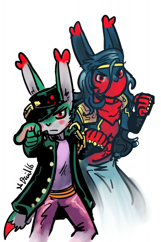 anthro black_body black_fur clothing cosplay duo female fur green_body green_fur hat headgear headwear parody red_body red_eyes red_fur shadow simple_background standing white_background lag p5ych jojo's_bizarre_adventure latchkey_kingdom jotaro_kujo rose_(latchkey_kingdom) star_platinum willa_dragonfly lagomorph mammal stand_(jjba) yuman 2:3 absurd_res hi_res meme