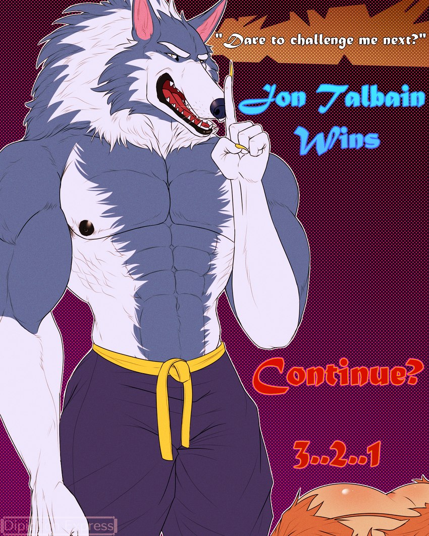 1990s_theme abs anthro arcade armpit_hair barazoku black_gums black_nipples blue_body blue_fur body_hair bottomwear butt claws clothing defeated dialogue duo finger_on_lip fur gradient_background gradient_text karate_belt karate_outfit looking_at_viewer male male/male muscular muscular_anthro muscular_male nipples pants pants_only pattern_background pink_body pink_fur presenting presenting_hindquarters shirtless_male simple_background talking_to_viewer text torn_bottomwear torn_clothing torn_pants video_game_reference whiskers white_body white_fur depictionexpress capcom darkstalkers mythology jon_talbain canid canine canis human mammal mythological_canine mythological_creature werecanid werecanine werecreature werewolf wolf 4:5 english_text hi_res