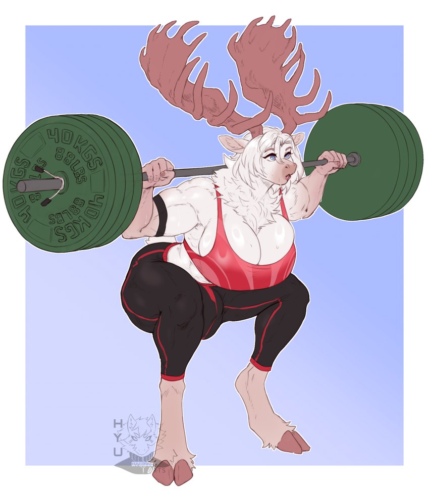 anthro antlers barbell barbell_squats biped blue_background blue_eyes bodily_fluids border breasts bulge cleavage cleavage_overflow clothed clothing cloven_hooves crouching exercise fur gynomorph hair hooves horn intersex muscular muscular_anthro muscular_gynomorph muscular_intersex simple_background solo squats sweat tan_body tan_fur weightlifting white_body white_border white_fur white_hair workout hyucaze deer mammal moose new_world_deer 2023 digital_media_(artwork) hi_res