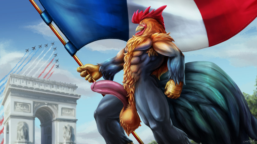 abs anthro armpit_hair ball_tuft balls beak biceps big_balls big_penis body_hair detailed_background feathers flag flag_(object) flagpole france french french_flag genitals half-erect holding_flag holding_object holidays humanoid_genitalia humanoid_penis male muscular muscular_anthro muscular_male nude outside penis pole pubes saggy_balls solo tuft corrsk bastille_day gallic_rooster avian bird chicken galliform gallus_(genus) phasianid 16:9 2020 digital_media_(artwork) hi_res widescreen