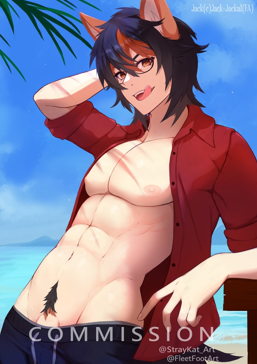 abs anime_eyes bare_chest beach bedroom_eyes clothed clothing eyewear genitals glasses hair licking licking_lips male muscular muscular_male narrowed_eyes partially_clothed penis penis_base penis_poking_out pubes seaside seductive solo tongue tongue_out fleet-foot jack-jackal_(character) animal_humanoid black-backed_jackal canid canine canis humanoid jackal mammal 2022 absurd_res hi_res