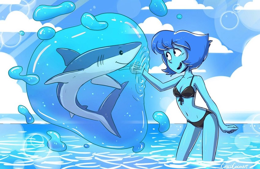 5_fingers bikini blue_body blue_hair blue_skin bokeh breasts clothing duo female feral fingers hair outside smile swimwear two-piece_swimsuit water cubedcoconut cartoon_network steven_universe lapis_lazuli_(steven_universe) alien alien_humanoid fish gem_(species) humanoid lapis_lazuli_(gem_species) marine shark 2018