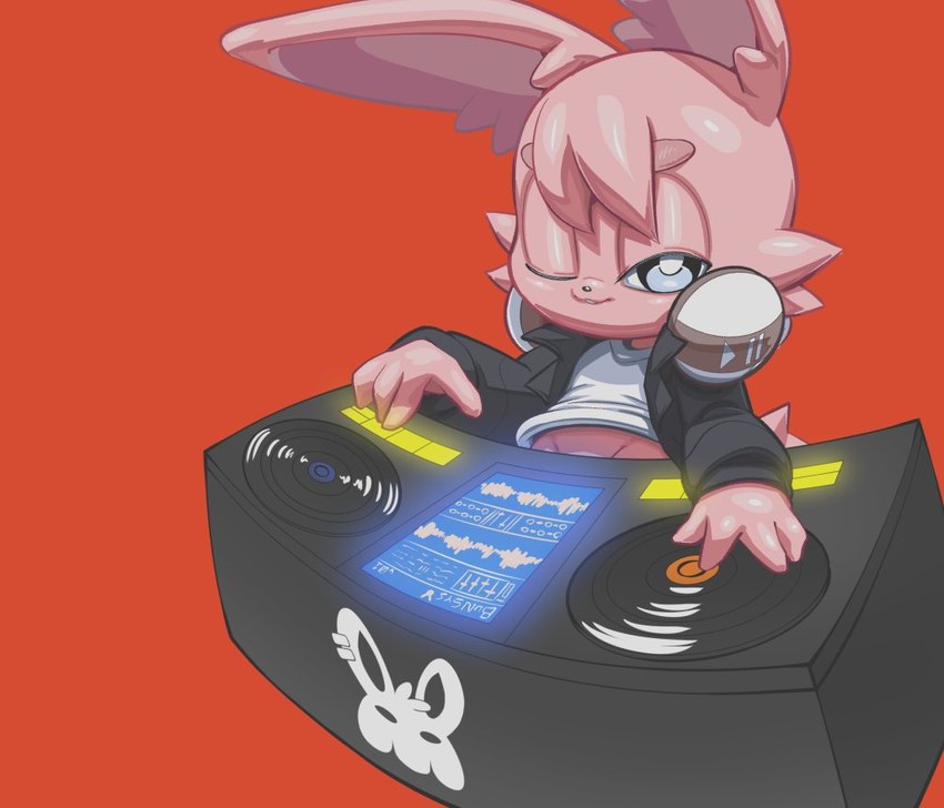 ambiguous_gender anthro big_ears black_clothing black_jacket black_topwear blue_eyes bottomless cheek_tuft clothed clothing convenient_censorship disc_jockey ear_tuft electronics eyebrows facial_tuft half-closed_eyes head_tuft headphones inner_ear_fluff jacket narrowed_eyes one_eye_closed red_background shirt simple_background solo topwear tuft vinyl_record white_clothing white_shirt white_topwear rockthebull mere_notilde mere_notilde_(character) lagomorph leporid mammal rabbit 2023 female_(lore)