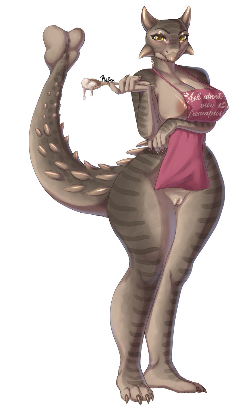 anthro apron apron_only areola biped breasts cleavage clothed clothing female genitals looking_at_viewer mostly_nude pussy simple_background solo spikes standing white_background reina. ankylosaurian ankylosaurid ankylosaurus dinosaur ornithischian prehistoric_species reptile scalie thyreophoran hi_res