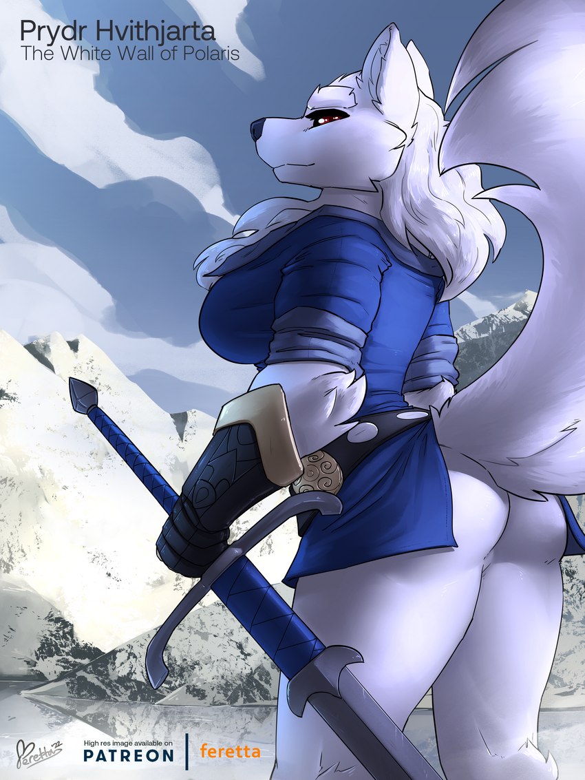 albino armor belt black_sclera bottomless breasts butt clothed clothing female fluffy fur gauntlets gloves hair handwear lake landscape looking_at_viewer melee_weapon mountain neck_tuft red_eyes scenery sword text tuft water weapon white_body white_fur white_hair winter zweihander feretta prydr canid canine canis dire_wolf mammal prehistoric_species wolf 3:4 digital_media_(artwork) english_text hi_res shaded