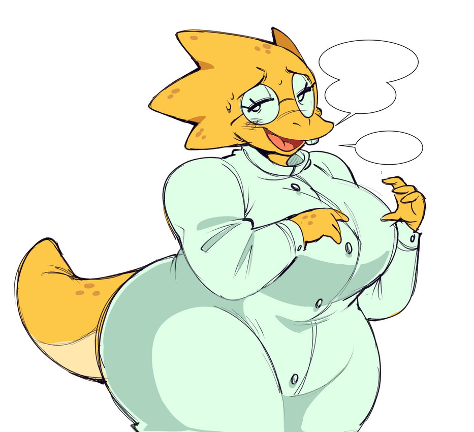 anthro big_breasts big_butt biped blush blush_lines bodily_fluids breasts buckteeth butt clothing coat curvy_figure eyelashes eyewear female female_anthro glasses half-closed_eyes lab_coat looking_away narrowed_eyes nervous nervous_sweat open_mouth overweight overweight_anthro overweight_female round_glasses simple_background solo speech_bubble standing sweat sweatdrop tail teeth thick_thighs topwear voluptuous wearing_glasses white_background white_clothing yellow_body yellow_hands yellow_tail animation_sensation undertale_(series) alphys monster scalie 2025 colored_sketch digital_drawing_(artwork) digital_media_(artwork) hi_res portrait sketch three-quarter_portrait
