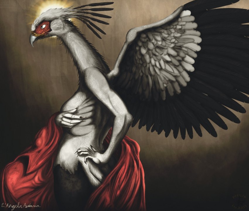 anthro beak breasts covering covering_breasts feathered_wings feathers female non-mammal_breasts side_view solo standing tail tail_feathers wings smexyoryx accipitriform avian bird secretary_bird