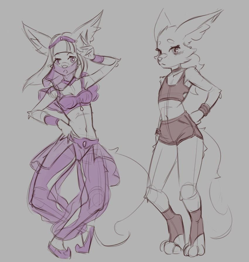 anthro bottomwear clothed clothing dancewear dancing duo female femboy fluffy fluffy_tail looking_at_viewer male male/female shorts tail topwear conditional_dnp vonepitaph epi_(vonepitaph) tsuki_(vonepitaph) canid canine fennec_fox fox mammal true_fox 2022 digital_media_(artwork) hi_res sketch sketch_page