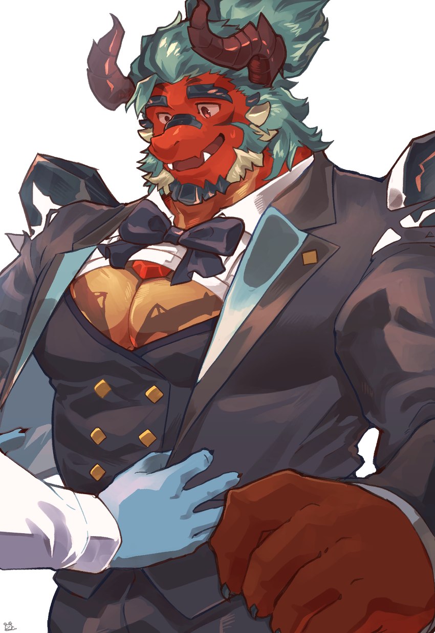 anthro arm_spikes beard big_hands black_clothing black_suit blue_body blue_hair blue_scales body_tattoo bow_tie chest_gem chest_tattoo claws clothing double_breasted_suit dressing_another duo facial_hair fangs finger_claws gem goatee green_hair hair horn male muscular muscular_anthro muscular_male pecs ponytail red_body red_eyes red_scales scales shoulder_spikes sideburns smile spikes spikes_(anatomy) suit tattoo teeth three_piece_suit white_hair sawch_cls anothereidos_of_dragon_vein_r mythology atmos_(anothereidos_r) folker_(anothereidos_r) dragon mythological_creature mythological_scalie scalie hi_res