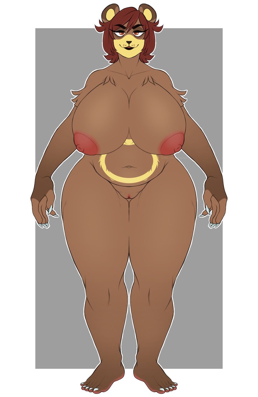 anthro areola big_breasts breasts brown_body brown_fur brown_hair eyelashes eyelids female fur genitals hair huge_breasts looking_at_viewer mature_female nipples pussy simple_background solo standing thick_thighs wide_hips unluckyoni nintendo pokemon generation_2_pokemon mammal pokemon_(species) ursaring hi_res