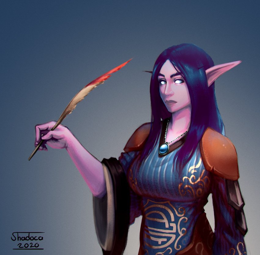 blue_hair female hair loose_feather not_furry quill simple_background solo shadoca blizzard_entertainment warcraft elf humanoid night_elf 2020 hi_res