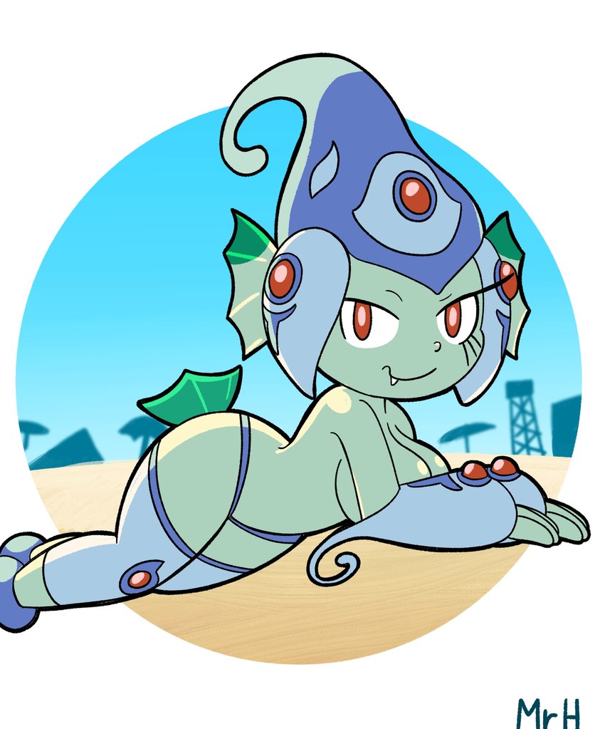 beach big_breasts breasts clothed clothing eyelashes female green_body green_skin headgear looking_at_viewer lying on_front red_eyes seductive smile solo topless el_senor_erizo bandai_namco digimon amphibian animal_humanoid digimon_(species) humanoid marine marine_humanoid ranamon hi_res