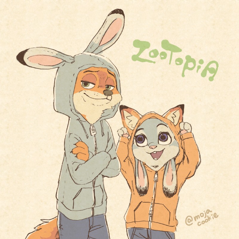 anthro clothed clothing duo female fox_costume fur hoodie male simple_background topwear mojacookie disney zootopia judy_hopps nick_wilde canid canine european_rabbit fox lagomorph leporid mammal oryctolagus rabbit red_fox true_fox 1:1 hi_res