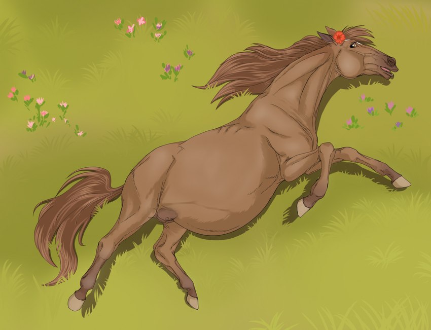 accessory female feral flower flower_in_hair hair hair_accessory hooves looking_back lying nipples on_side open_mouth plant pregnant pregnant_female simple_background solo tail tan_body tan_hair tan_tail teats udders priestofjashin pearl_(wasen) equid equine horse mammal digital_media_(artwork)