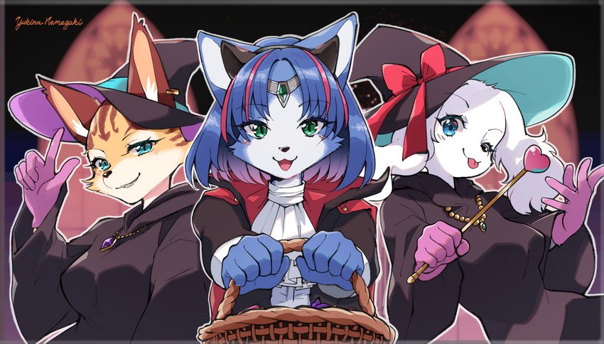 anthro basket blep blue_body blue_eyes blue_fur blue_hair circlet clothing container ear_piercing ear_ring eyebrow_through_hair eyebrows eyelashes fangs female fur green_eyes group hair hat headgear headwear highlights_(coloring) holidays inner_ear_fluff jewelry kemono looking_at_viewer necklace piercing red_highlights ring_piercing short_hair smile teeth tongue tongue_out translucent translucent_hair trio tuft white_body white_fur witch_costume witch_hat namagakiokami halloween nintendo star_fox fay_(star_fox) krystal_(star_fox) miyu_(star_fox) bird_dog canid canine canis domestic_dog felid feline fox hunting_dog lynx mammal spaniel 2023 hi_res