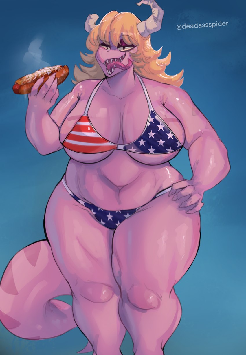 2_horns 5_fingers american_flag_bikini anthro bedroom_eyes big_breasts big_tail bikini black_eyes blonde_hair blue_background breasts broken_horn chili_dog claws clothed clothing curvy_figure female finger_claws fingers flag_bikini food hair hand_on_hip hand_on_own_hip horn hot_dog huge_breasts huge_hips huge_thighs long_hair long_tail looking_at_viewer narrowed_eyes open_mouth open_smile pink_body pink_scales scales seductive sharp_teeth simple_background skimpy skimpy_bikini smile snout solo swimwear tail teeth thick_thighs tongue tongue_out two-piece_swimsuit voluptuous wide_hipped_female wide_hips yellow_sclera deadassspider mythology cass_(simplifypm) dragon mythological_creature mythological_scalie scalie 2024 absurd_res artist_name digital_drawing_(artwork) digital_media_(artwork) hi_res watermark