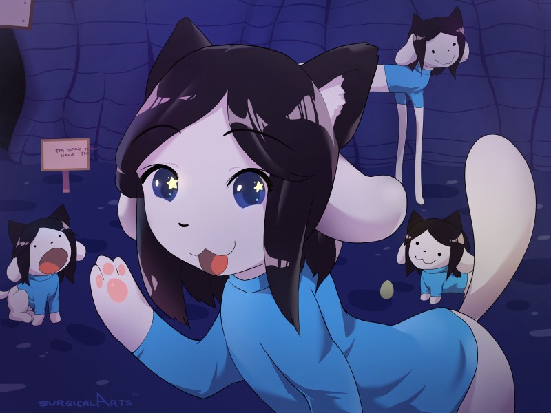 :3 anthro big_eyes black_hair blue_eyes clothed clothing female feral fur group hair looking_at_viewer pawpads sweater topwear white_body white_fur surgicalarts undertale undertale_(series) bob_(undertale) temmie_(undertale) canid canine canis domestic_cat domestic_dog felid feline felis hybrid mammal tem 2015 4:3 hi_res