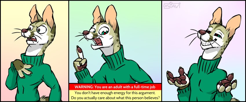 4_fingers agender anthro black_border border clothing fingers gesture gradient_background green_clothing green_sweater green_topwear humor logo male open_mouth pawpads simple_background smile solo sweater text text_box topwear upset whiskers drjavi javalier_rawhead genet mammal viverrid artist_logo comic english_text hi_res nonbinary_(lore)