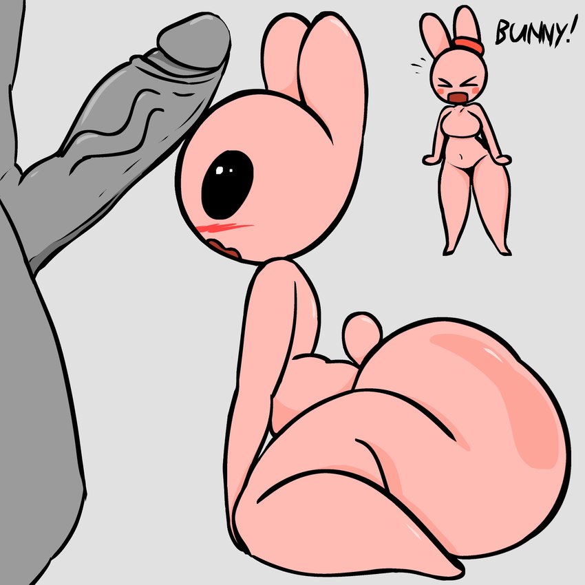 anthro big_butt big_penis black_eyes blush breasts butt duo featureless_breasts female genitals grey_background grey_body huge_butt humanoid_genitalia humanoid_penis male mostly_offscreen_character open_mouth penis penis_awe penis_on_face pink_body simple_background text thick_thighs white_background yelling huamnenoughbb bunny_maloney bunny_maloney_(character) candy_bunny lagomorph leporid mammal rabbit 1:1 2024 absurd_res digital_drawing_(artwork) digital_media_(artwork) english_text flat_colors hi_res restricted_palette