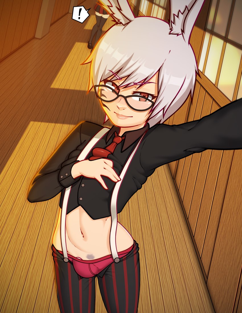 barely_visible_genitalia barely_visible_penis biped bulge clothed clothing duo exclamation_point eyebrows eyewear femboy fingers genitals glasses hair inner_ear_fluff male navel penis smile solo_focus tuft underwear alexw95 taiyo_akari animal_humanoid humanoid lagomorph lagomorph_humanoid leporid_humanoid mammal mammal_humanoid rabbit_humanoid absurd_res hi_res