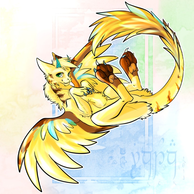 ambiguous_gender claws feathered_wings feathers feral fur green_eyes pawpads paws simple_background solo tail wings yellow_body yellow_fur rikitoka mythology dragon feathered_dragon feathered_scalie furred_dragon furred_scalie mythological_creature mythological_scalie scalie 1:1 2013