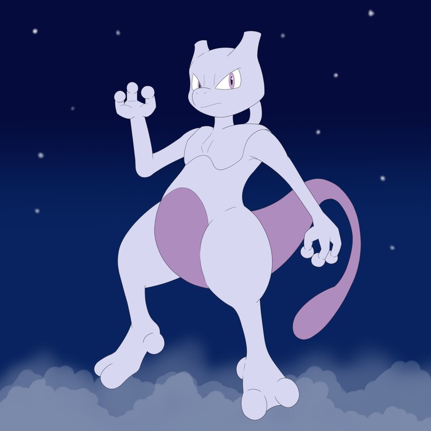 2_toes 3_fingers ambiguous_gender angry anthro blue_sky cloud feet fingers floating long_tail looking_at_viewer night pink_body purple_body purple_eyes purple_tail sky solo star tail toes kamek_sans nintendo pokemon generation_1_pokemon legendary_pokemon mewtwo pokemon_(species) 1:1 2024 hi_res