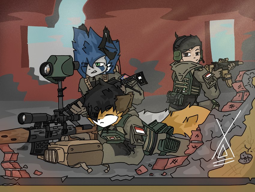 armor black_hair blue_hair body_armor bulletproof_vest clothing fur green_eyes grey_body grey_fur group gun hair holding_object holding_weapon indonesia malaysian male male/male military military_uniform ranged_weapon rifle sniper_rifle soldier trio uniform warrior weapon yellow_body yellow_fur hz_foxy hz_(hz_foxy) zafox canid canine fox human mammal absurd_res hi_res