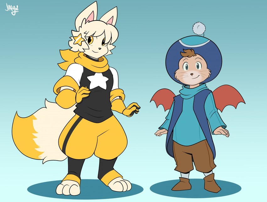 anthro clothed clothing duo footwear fully gloves handwear hat headgear headwear kerchief male shirt shoes smile topwear vest wings jaeh final_fantasy square_enix canid canine fox lagomorph leporid mammal moogle rabbit 2018