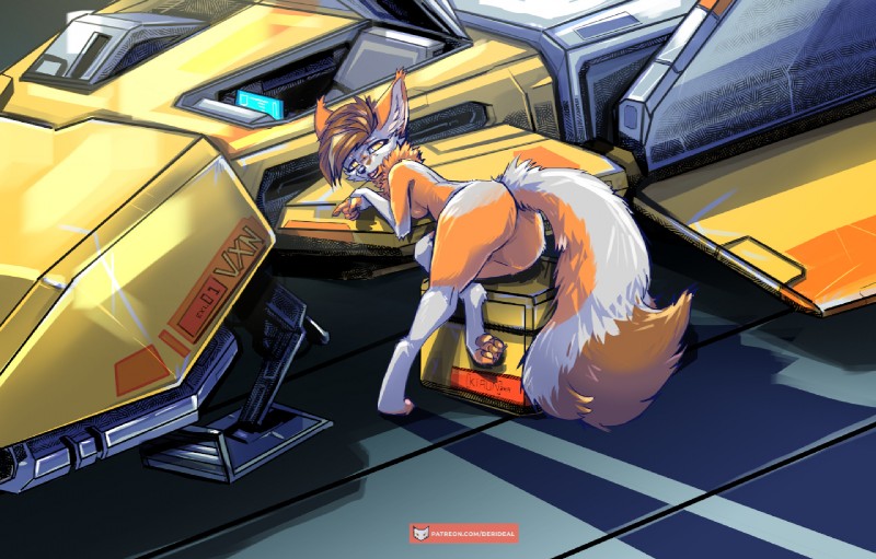 anthro biped breasts butt butt_focus claws clothing exposure_variation feet female looking_at_viewer lying nude on_side open_mouth pawpads paws smile solo text toes tongue uniform kiaun derideal vex_(xen) canid canine fox mammal 2019 digital_drawing_(artwork) digital_media_(artwork) signature url