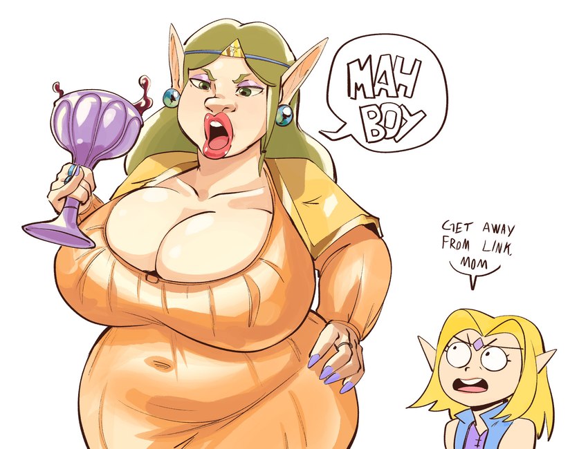 big_breasts blonde_hair breasts cleavage clothed clothing crossgender curvy_figure dialogue duo ear_piercing female green_hair hair hand_on_hip huge_breasts humanoid_pointy_ears lipstick makeup mtf_crossgender not_furry open_mouth piercing pointy_ears simple_background solo_focus speech_bubble text white_background box_chan cd-i king_harkinian_memes link:_the_faces_of_evil nintendo philips_(company) the_legend_of_zelda tloz_cd-i_games_(series) king_harkinian princess_zelda humanoid hylian 2022 english_text hi_res meme daughter_(lore) mother_(lore) mother_and_child_(lore) mother_and_daughter_(lore) parent_(lore) parent_and_child_(lore) parent_and_daughter_(lore)