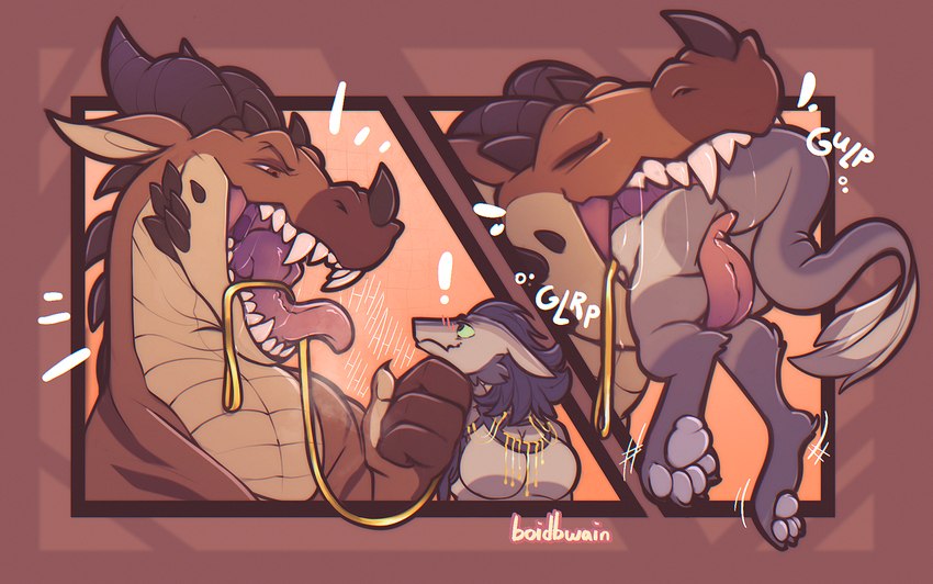 anthro bodily_fluids body_in_mouth drooling duo female female_prey head_first larger_anthro larger_male larger_pred leash leash_in_mouth male male/female male_pred object_in_mouth open_mouth oral_vore partially_inside saliva size_difference smaller_anthro smaller_female soft_vore swallowing teeth tongue vore boidbwain mythology malfaren dragon mythological_creature mythological_scalie scalie sergal comic digital_media_(artwork) hi_res