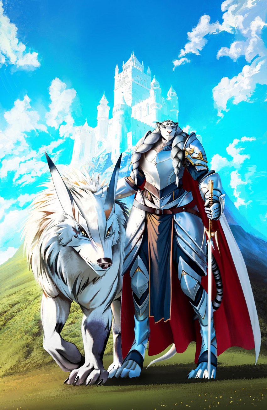anthro armor braided_hair cape castle clothing fantasy female feral gauntlets gloves greaves hair handwear knight knight_armor melee_weapon sword warrior weapon thewyvernsweaver last_fables ragna_ruthven_(harribel) barghest felid mammal pantherine tiger hi_res