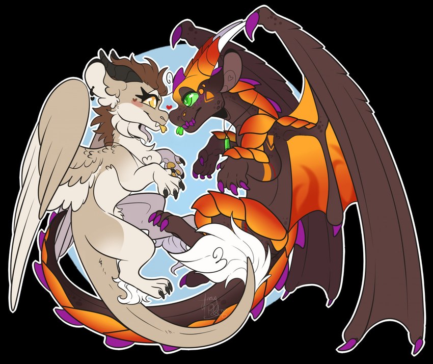 duo feathered_wings feathers female feral fur glowing glowing_eyes glowing_tongue male tail tongue wings amypast_(artist) european_mythology mythology braisewolf maythedragon dragon furred_dragon furred_scalie mythological_creature mythological_scalie scalie western_dragon