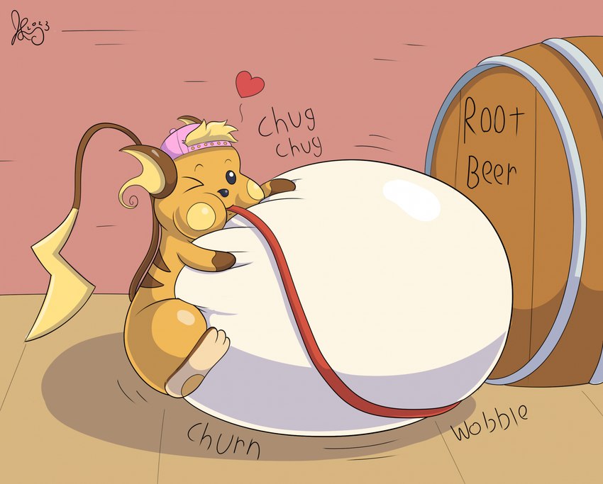barrel belly belly_expansion belly_squish beverage big_belly big_cheeks black_eyebrows black_eyes black_nose blonde_hair brown_ears brown_tail cheek_bulge chugging churn clothing dipstick_tail expansion eyebrows feral hair hand_on_belly hand_on_own_belly hat headgear headwear hose_in_mouth hose_inflation huge_belly hyper hyper_belly inside liquid_inflation male markings motion_lines one_eye_closed onomatopoeia orange_body pink_clothing pink_hat pink_headwear red_hose root_beer soda solo sound_effects squish swelling tail tail_markings tan_belly text wobble yellow_cheeks yellow_inner_ear yellow_tail_tip jackiesquirrel nintendo pokemon dutch_(compactheneko) generation_1_pokemon pokemon_(species) raichu 2023 cel_shading colored digital_media_(artwork) hi_res shaded