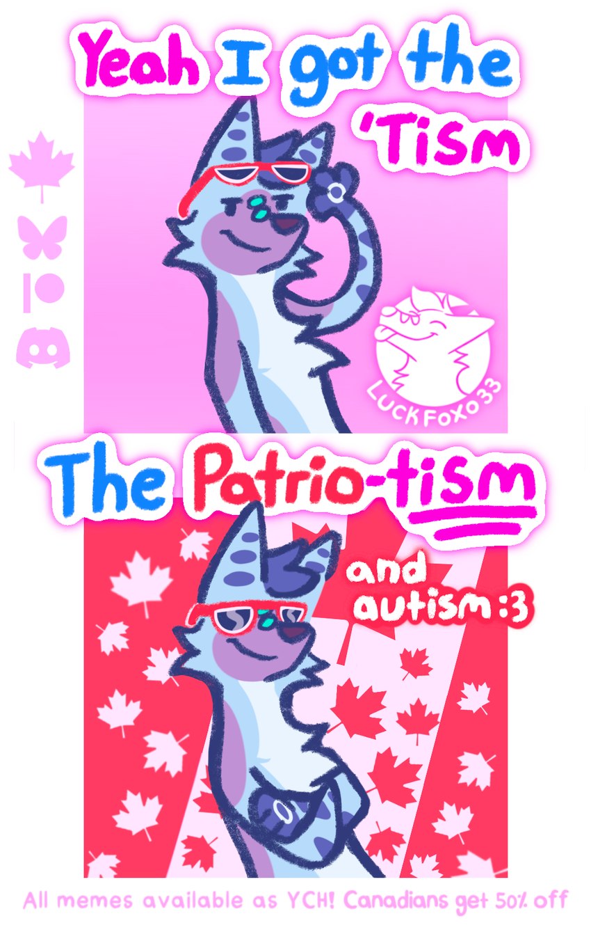 ambiguous_gender anthro autism canada canadian canadian_flag crossed_arms eyewear eyewear_on_head maple_leaf patriotic_clothing patriotism pink_background politics silly simple_background solo sunglasses sunglasses_on_head luckfoxo33 tolng canid canine fox mammal hi_res meme