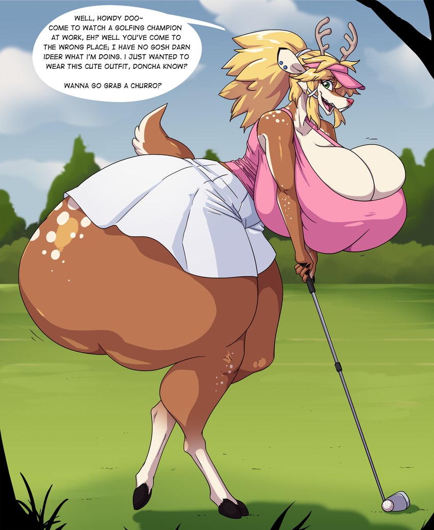 anthro big_breasts blonde_hair bottom_heavy bottomwear breasts cleavage clothed clothing female fluffy fluffy_tail golf_club green_eyes hair huge_breasts huge_hips huge_thighs hyper hyper_hips hyper_thighs piercing red_nose skirt solo tail thick_thighs wide_hips spiralingstaircase desiree_(spiralingstaircase) deer mammal new_world_deer reindeer 2025 digital_media_(artwork) hi_res