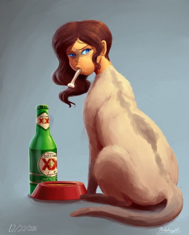 alcohol beverage blue_eyes bone bottle bowl brown_hair container female feral hair looking_at_viewer looking_back monster_girl_(genre) simple_background solo text mataknight outta_sync dos_equis mythology felid hybrid mammal mythological_creature mythological_sphinx 2016 english_text