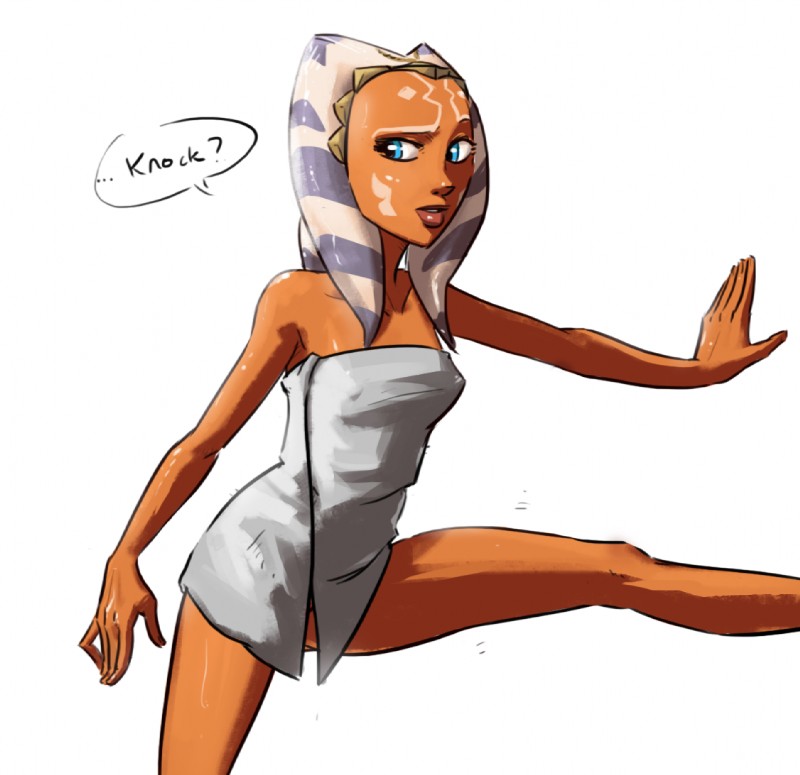 blue_eyes female head_tails lekku_(anatomy) lips not_furry orange_body orange_skin solo text thick_lips towel tourbillon star_wars ahsoka_tano alien alien_humanoid humanoid togruta english_text