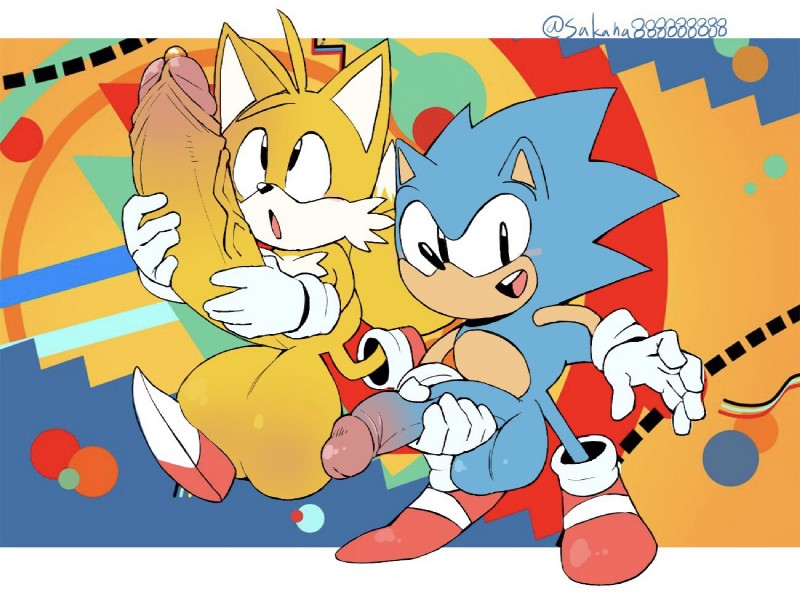 anthro balls big_balls big_penis duo genitals holding_penis huge_penis hyper hyper_genitalia hyper_penis male masturbation penile penile_masturbation penis sakana8888888 sega sonic_the_hedgehog_(series) miles_prower sonic_the_hedgehog canid canine eulipotyphlan fox hedgehog mammal