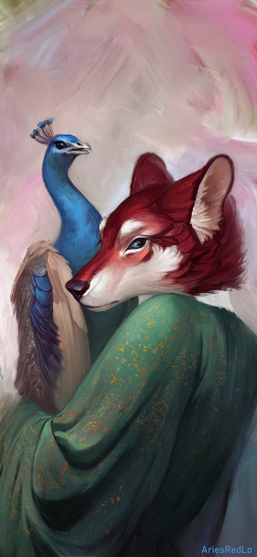 ambiguous_gender anthro beak black_nose clothed clothing duo feathered_wings feathers female fur red_body red_fur white_body white_fur wings ariesredlo avian bird canid canine canis galliform indian_peafowl mammal peafowl phasianid red_wolf wolf digital_media_(artwork) hi_res