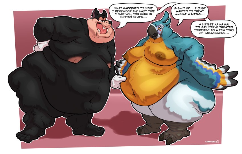 anthro belly belly_overhang big_belly black_body dialogue duo huge_belly male moobs nipples nude obese obese_anthro obese_male overweight overweight_anthro overweight_male text thick_thighs wide_hips aruberu breath_of_the_wild disney goof_troop nintendo the_legend_of_zelda kass_(tloz) pete_(disney) avian domestic_cat felid feline felis mammal rito absurd_res english_text hi_res