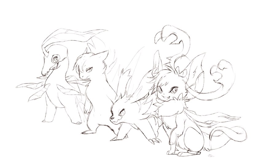 action_scene ambiguous_gender anthro bone claws fangs feral grin group simple_background skull skull_head smile teeth white_background aishasoup nintendo pokemon healer_(straviios) sai_(sylveon) sivera_(zigzagoon) bayleef eeveelution generation_2_pokemon generation_3_pokemon generation_6_pokemon pokemon_(species) sylveon typhlosion zigzagoon monochrome sketch