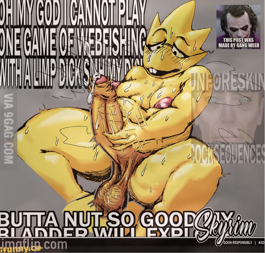 anthro areola balls bodily_fluids breasts buckteeth cum erection eyewear foreskin genital_fluids genitals glasses gynomorph intersex masturbation nipples nude penis saggy_balls shitpost slightly_chubby solo sweat teeth text general_proton undertale undertale_(series) alphys g-man reptile scalie english_text meme url