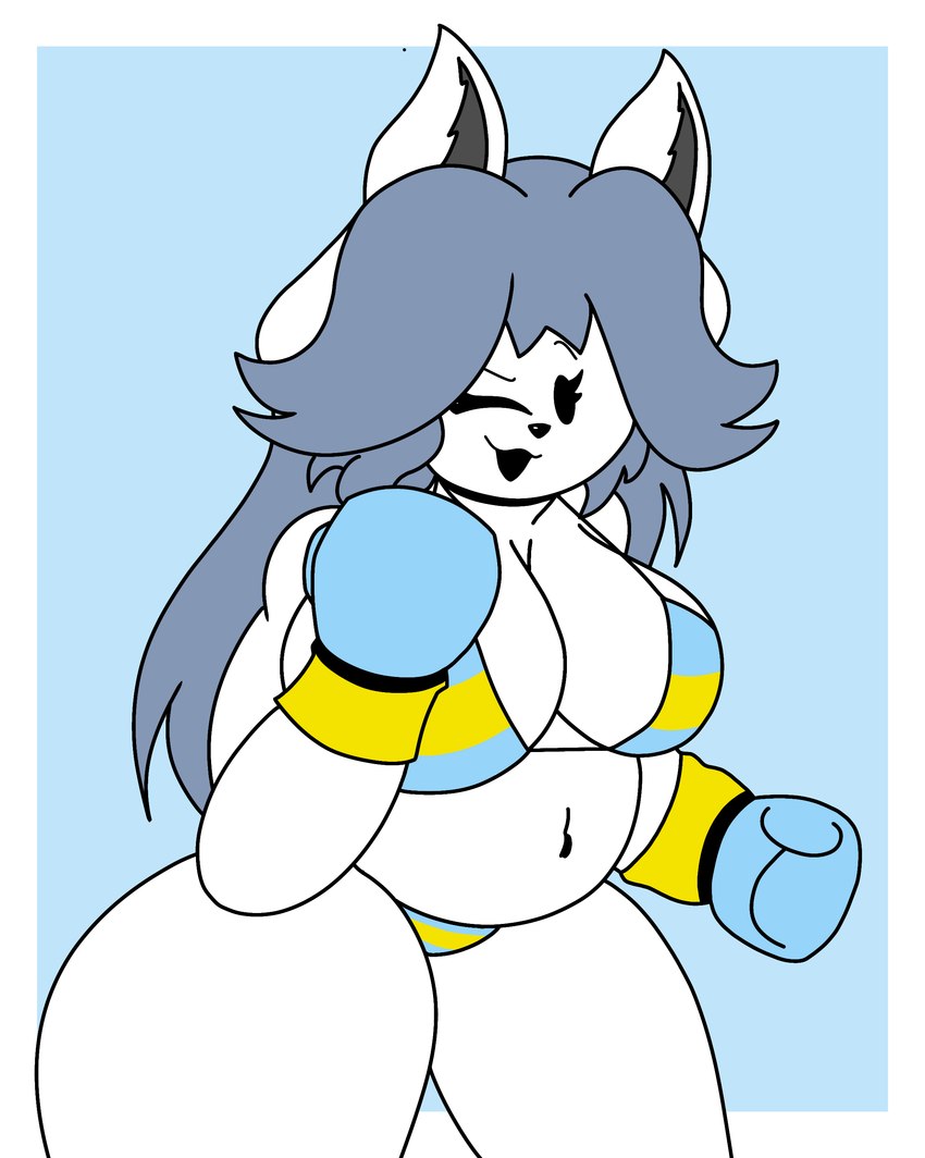 anthro belly big_breasts bottomwear boxing_gloves breasts clothed clothing female fur hair handwear looking_at_viewer open_mouth simple_background slightly_chubby smile solo thick_thighs topwear white_body white_fur enderbendr undertale undertale_(series) temmie_(undertale) felid feline mammal tem absurd_res hi_res